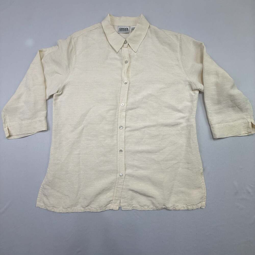 Chico's Design Silk Linen Blend 3/4 Sleeve Button Down Shirt Size 2 Cream